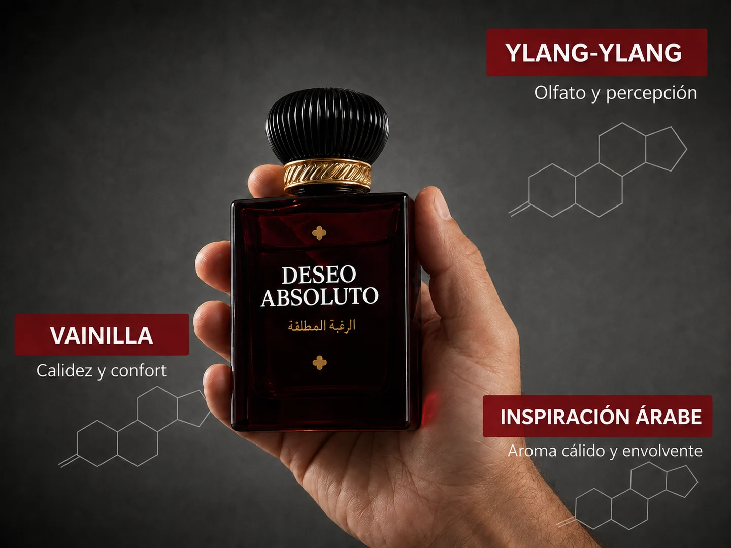 Frasco de Deseo Absoluto con las notas ylang-ylang y vainilla y su inspiración árabe, sobre un fondo gráfico ilustrativo